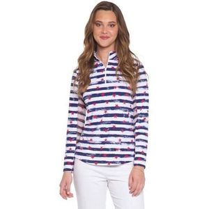 IBKUL Memorial Mock Neck Top Small Navy Zip Long Sleeve Shirt Stars & Stripes
